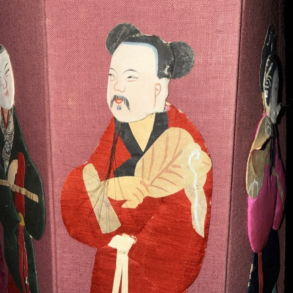 Vintage Chinese 8 Immortals Octagon Waste Basket Silk Paper Folding Garbage Can